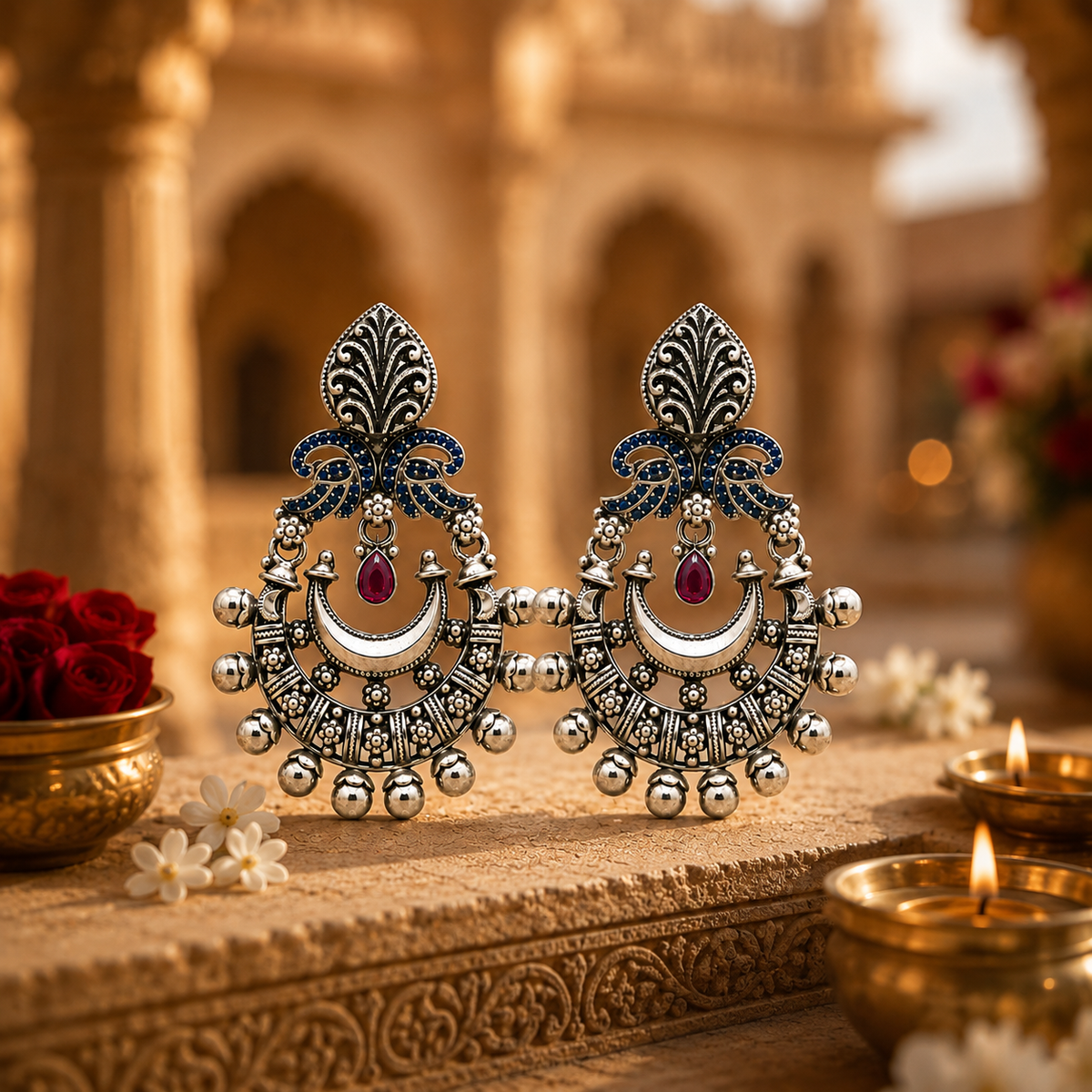 925 Sterling Silver Oxidized Chandbali Earrings with Blue & Red Stones | Traditional Indian Statement Jewelry