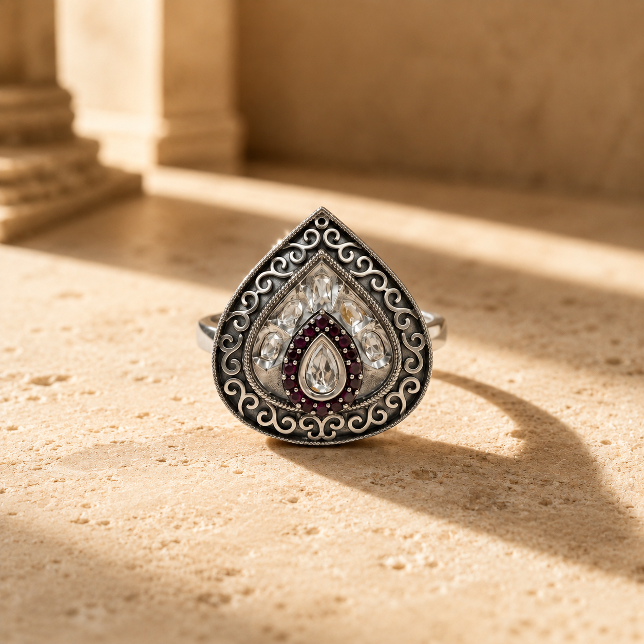 Antique Oxidized Silver Teardrop Cocktail Ring | Statement Jewellery for Her