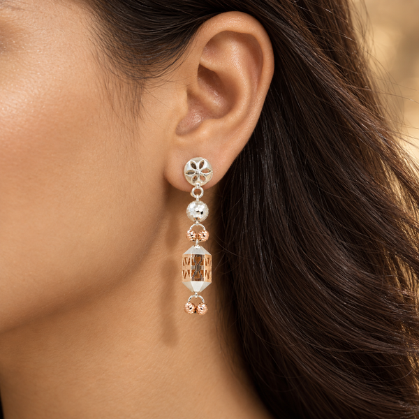 Rose Gold 925 Floral Stud & Ball Bead Dangle Statement Earrings