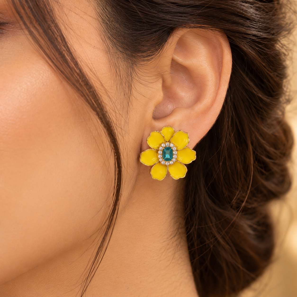 Yellow Enamel Flower with Blue Center Stud Earrings