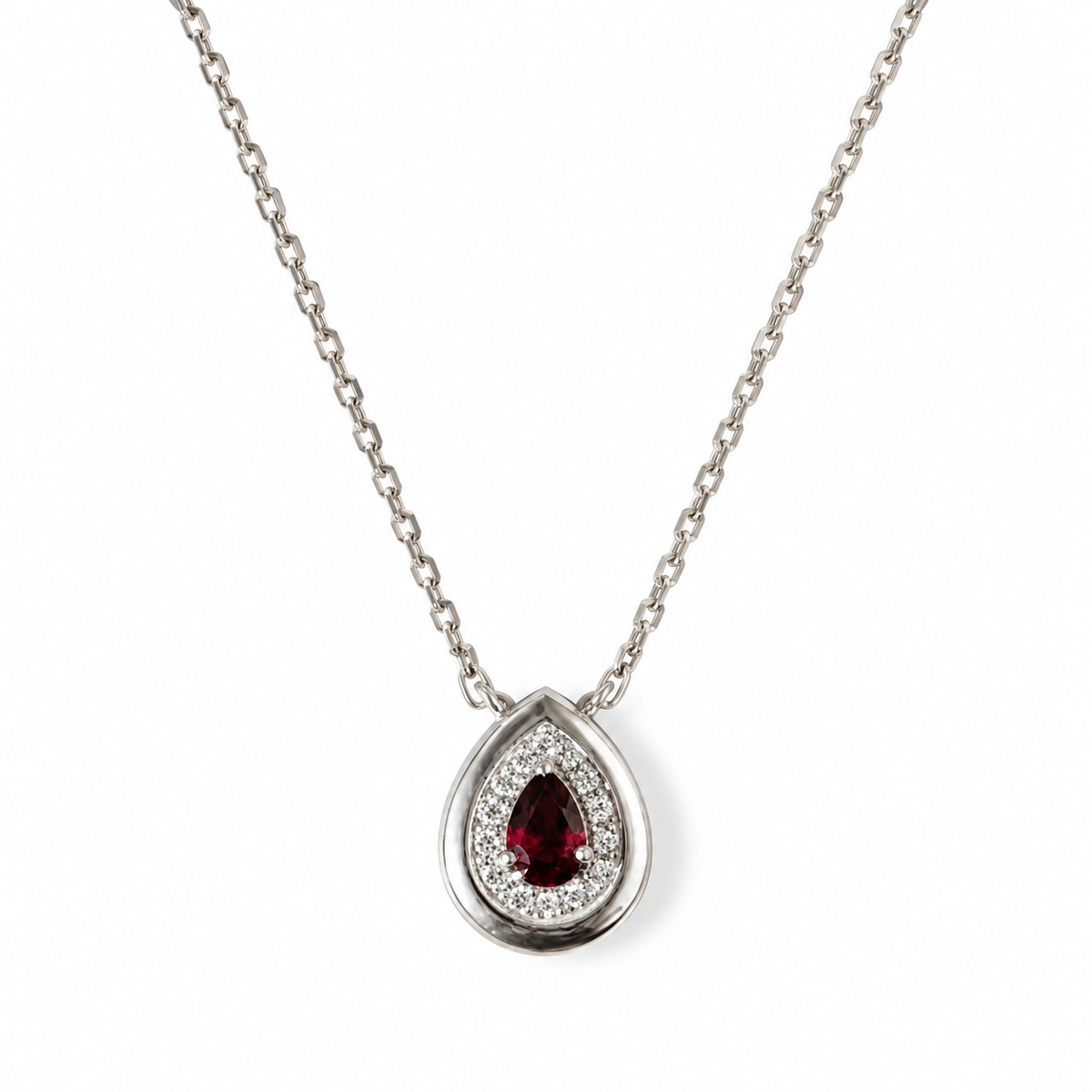 16 Inch 925 Sterling Silver Garnet-Red Quartz & Moissanite Chain Pendant