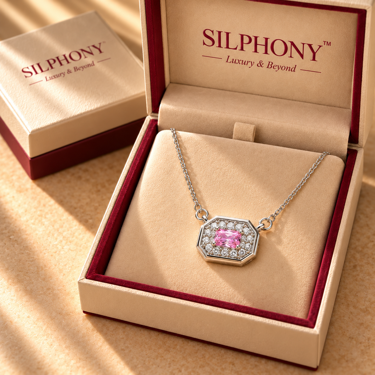 925 Sterling Silver Pink Quartz Moissanite Chain Pendant