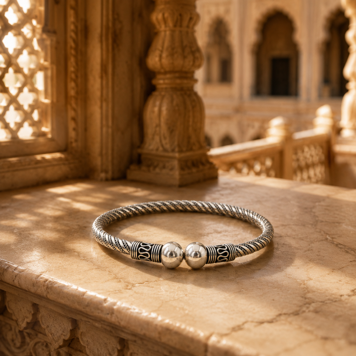 925 Sterling Silver Oxidized Bangle | Twisted Rope Design with Silver Bead | Hallmarked