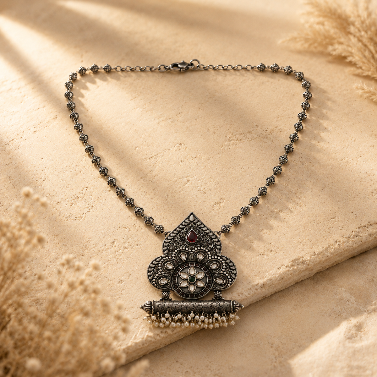 Floral 25 Sterling Silver Oxidized Paisley Pendant Necklace | Multicolour Stone & Pearl Fringe Indian Jewellery