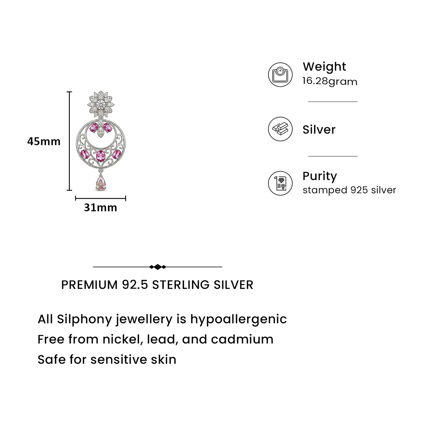 92.5 Sterling Silver Floral Drop Motif Necklace Set
