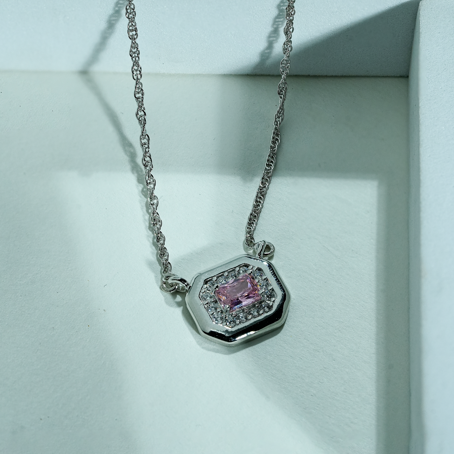 One-of-One 92.5 Silver Simulant Pink Gemstone Octagonal Pendant