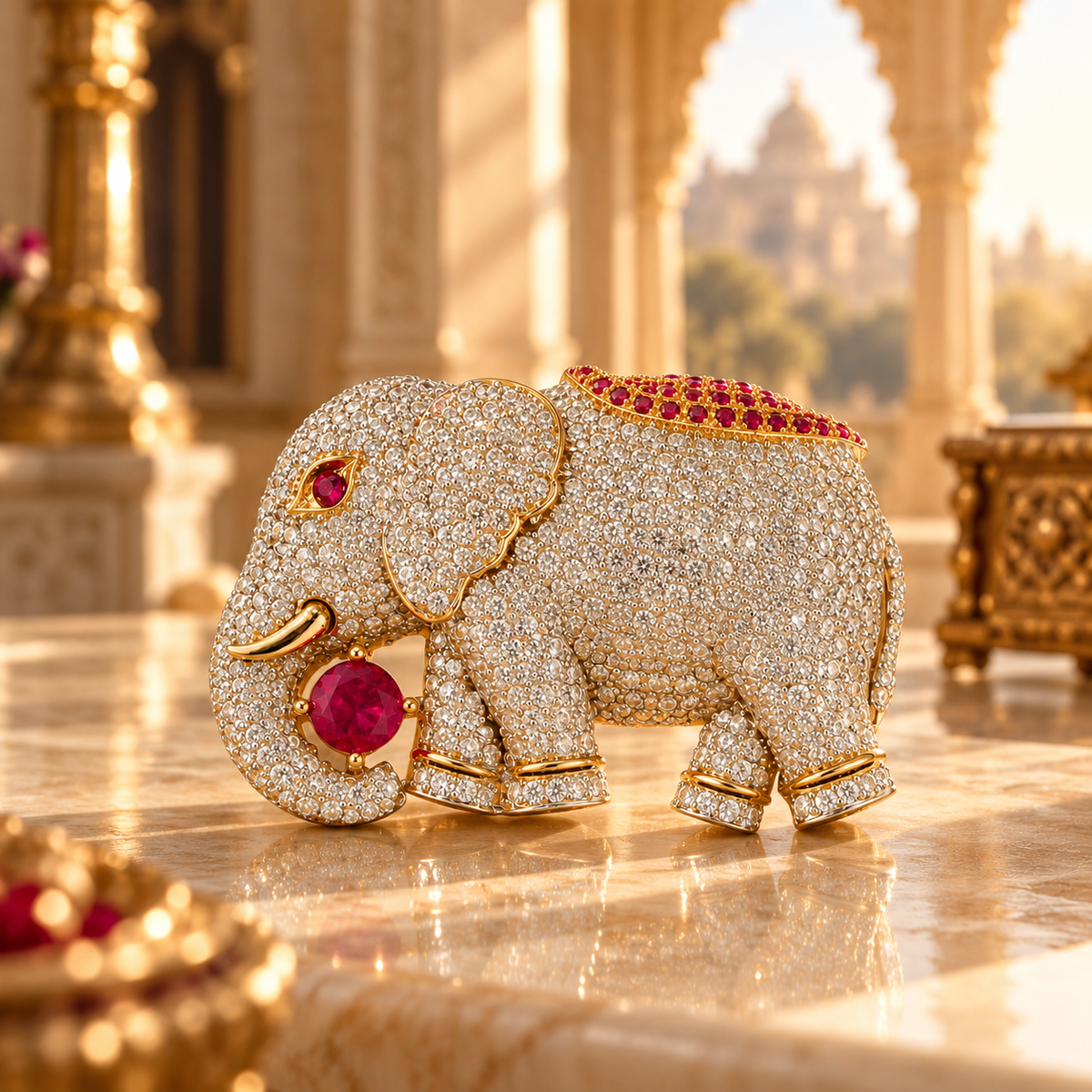 925 Sterling Silver Moissanite & Quartz Elephant Brooch | Regal Red Stone Statement | Hallmarked