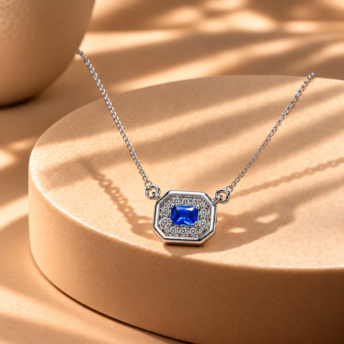 Blue Quartz Moissanite Octagon Halo Pendant with Chain