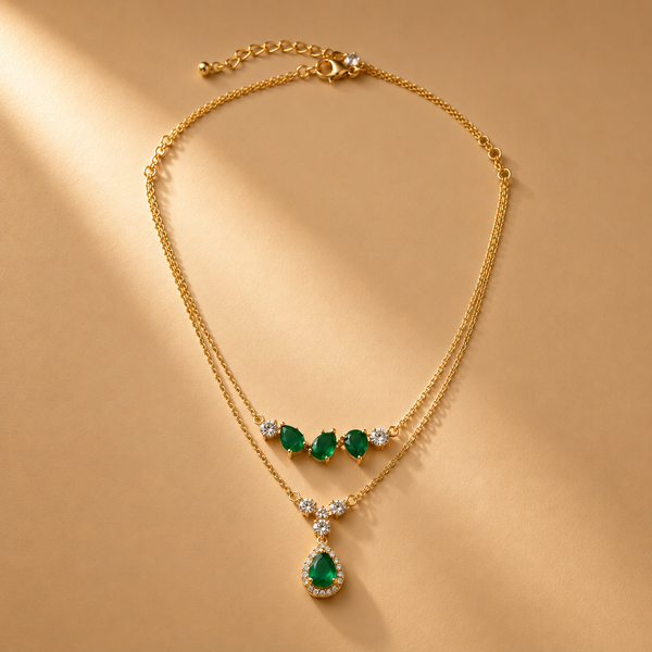 Green Quartz Moissanite Double Layer Pendant Chain