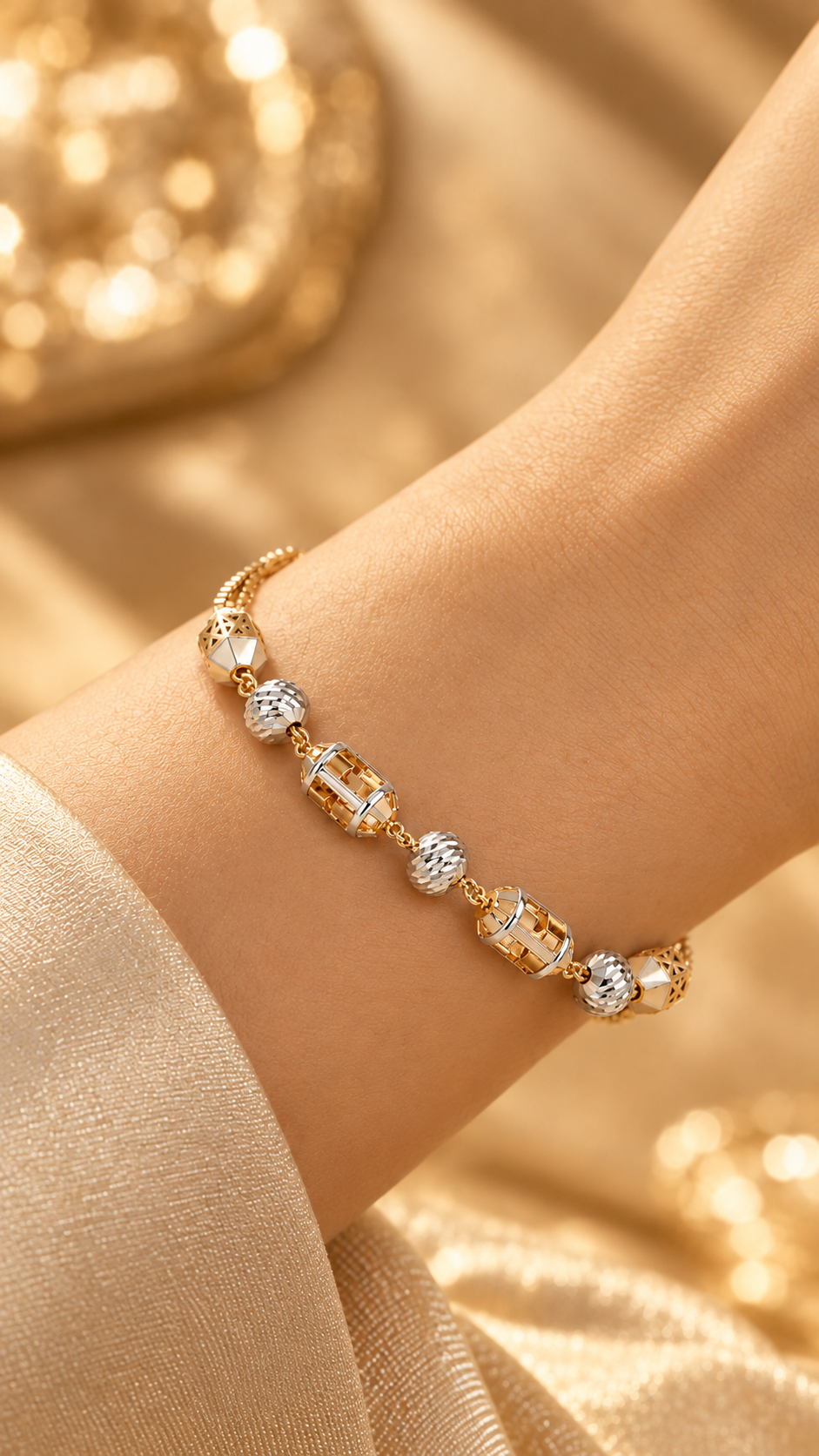 Rose Gold 925 Silver Barrel Beaded Double Chain Bracelet for Women