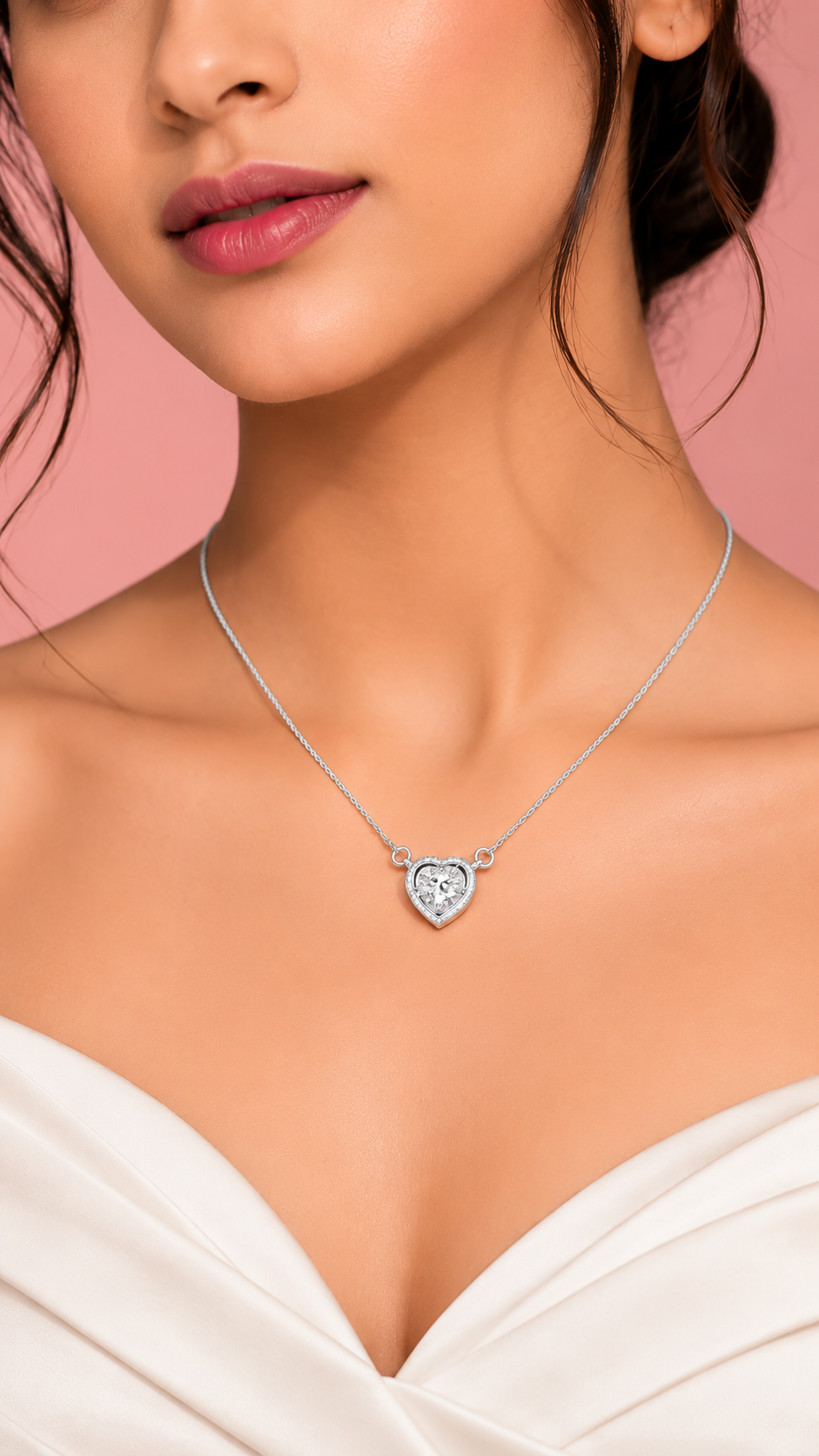925 Silver Heart Moissanite Cubic Zirconia Halo Pendant Chain