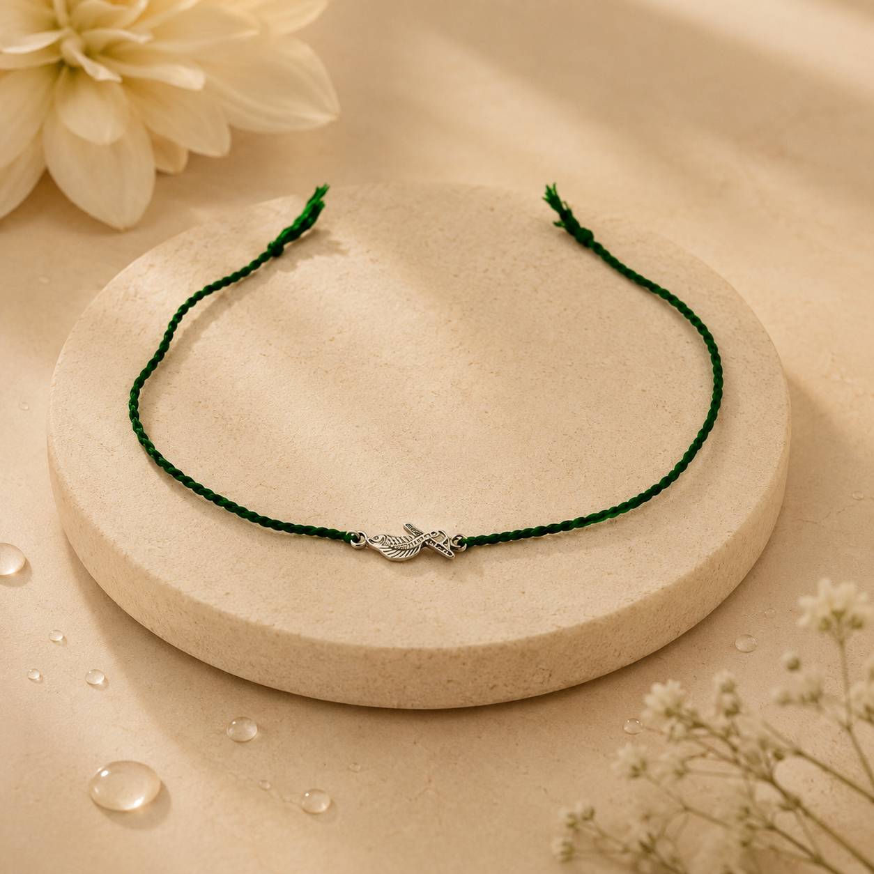 Handmade Green Thread Raksha Bandhan Silver Rakhi