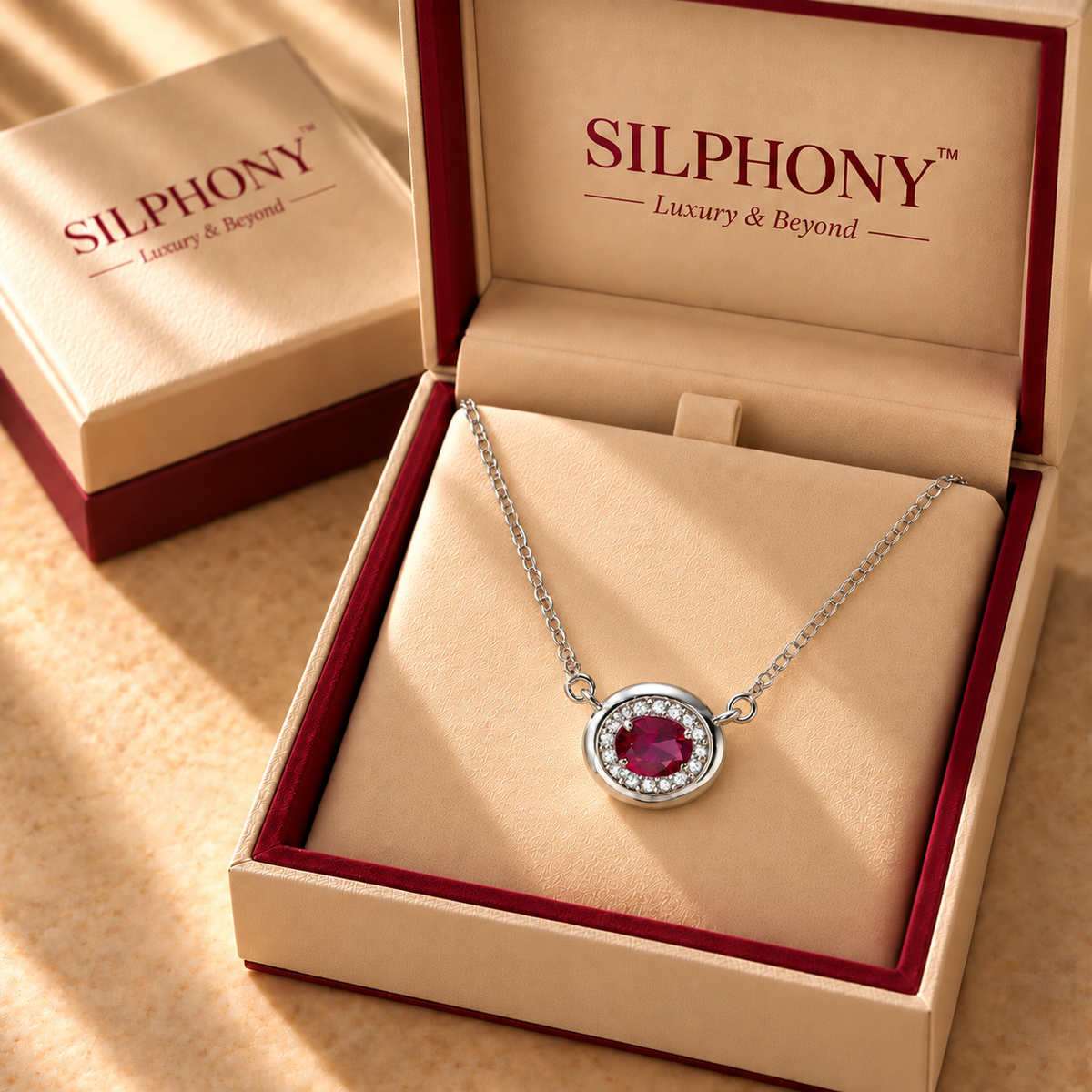 Red Quartz Oval Halo Moissanite Pendant Chain