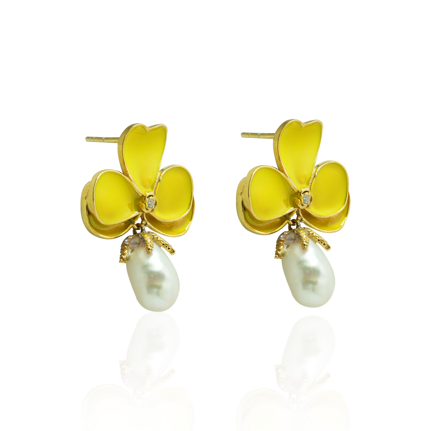 Yellow Clover Pearl Drop Earrings