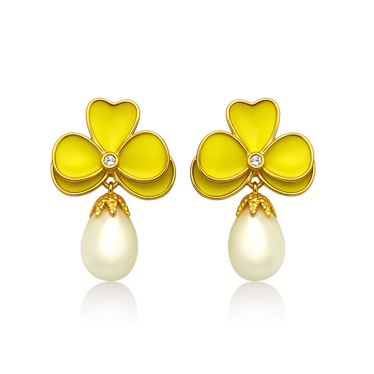 Yellow Clover Pearl Drop Earrings