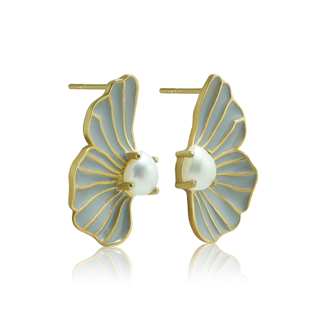 Pearl Wing Petal Enamel Stud Earrings