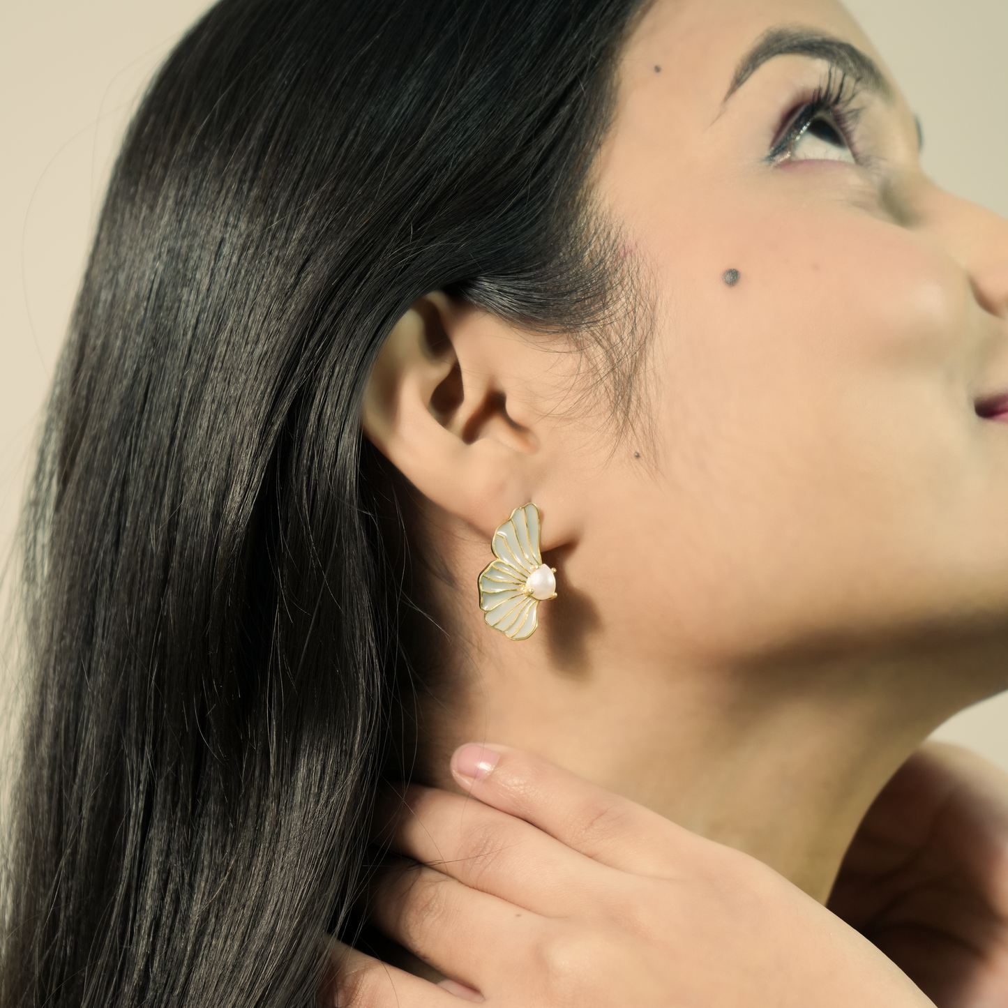 Pearl Wing Petal Enamel Stud Earrings