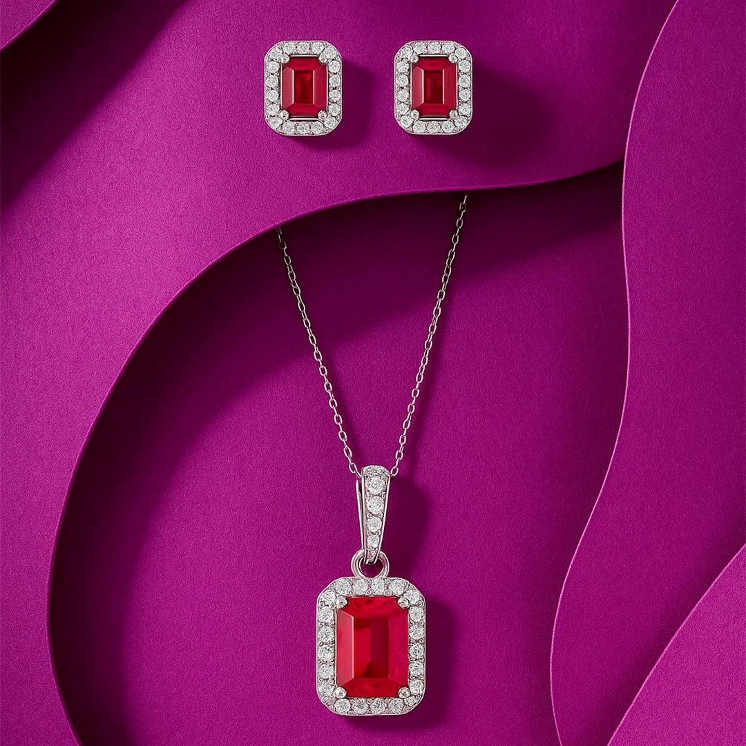 Crimson Ruby - 92.5 Silver Pendant Set