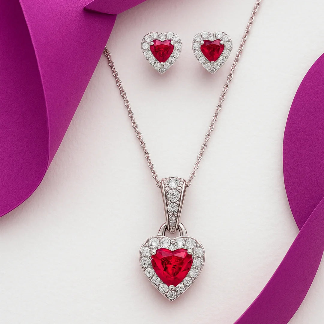 Ruby Romance - Heart Silver Pendant Set