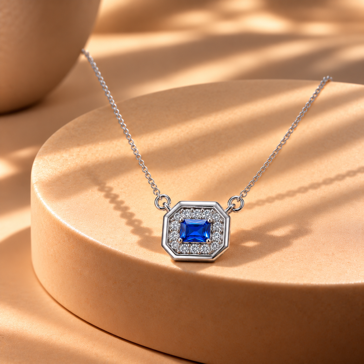 925 Silver Blue Quartz Moissanite Halo Pendant Chain