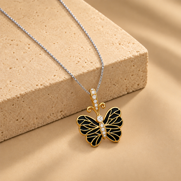 Dailywear 0.15 Ct Natural Diamond Black Enamil Butterfly Statement Pendant