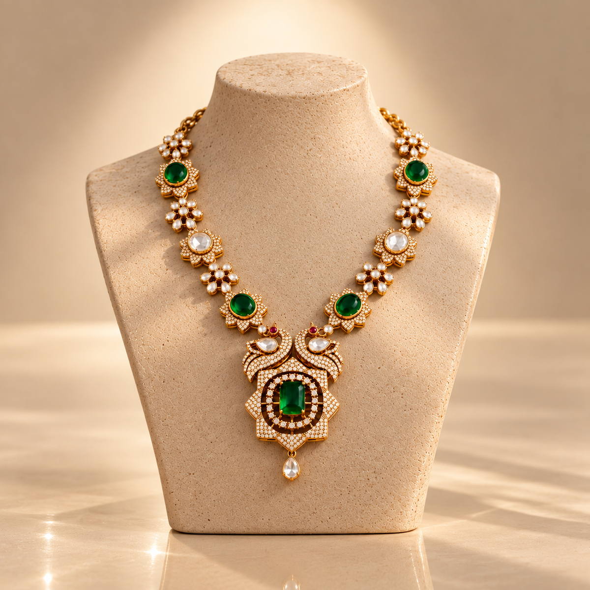 925 Silver Moissanite Polki Green Bridal Necklace