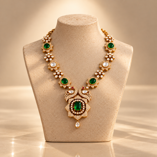 925 Sterling Silver Polki & Moissanite Statement Bridal Necklace