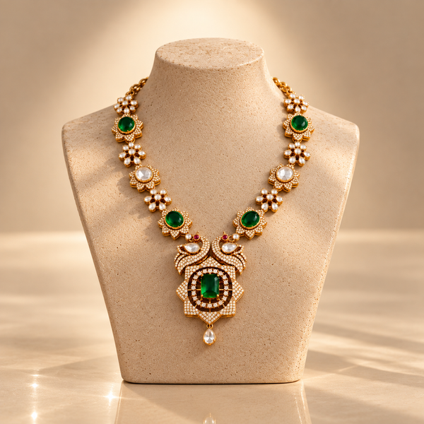 925 Sterling Silver Polki & Moissanite Statement Bridal Necklace