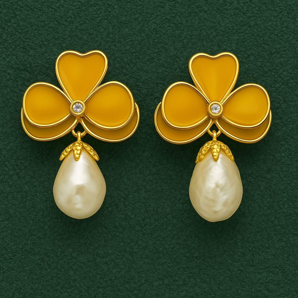 Yellow Clover Pearl Drop Earrings