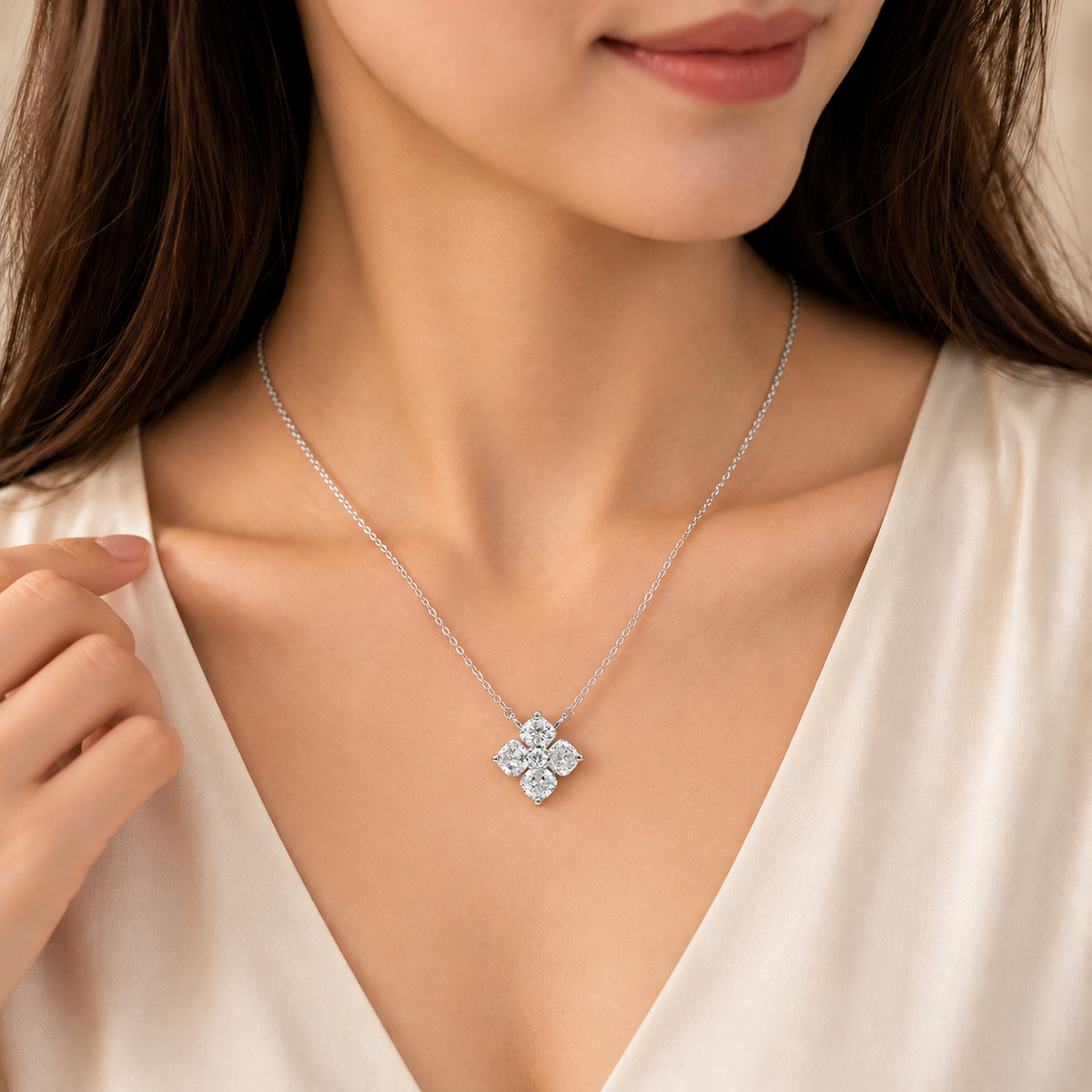 1.19ct Lab-Grown Diamond 925 Silver Pendant Floral Necklace