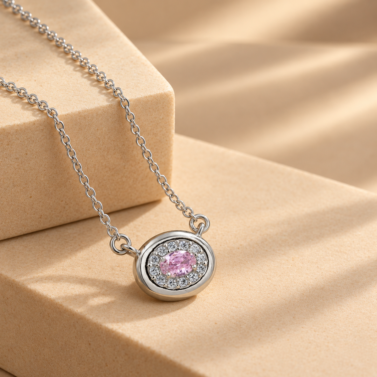 Pink Quartz Moissanite Halo Pendant Chain