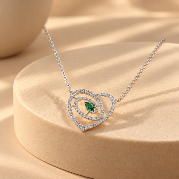 Green Quartz Moissanite Heart Pendant Chain