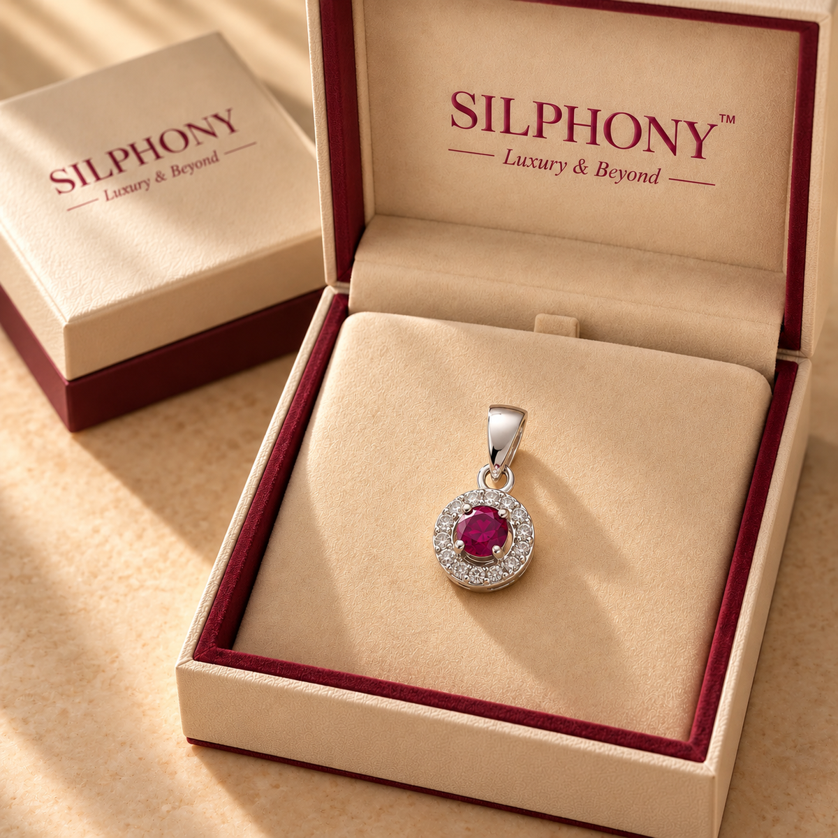Red Moissanite Halo Round Pendant