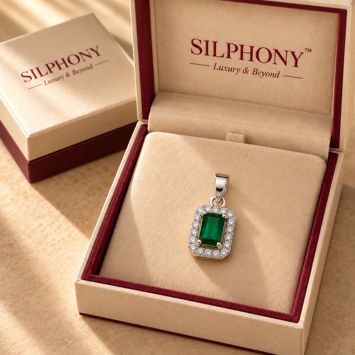 Green Emerald Cut Moissanite Halo Pendant