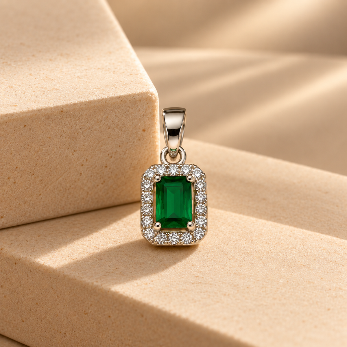 Green Emerald Cut Moissanite Halo Pendant