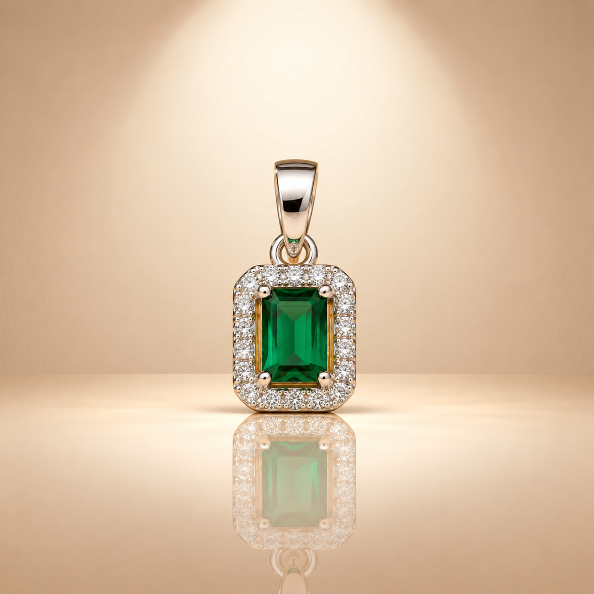 Green Emerald Cut Moissanite Halo Pendant
