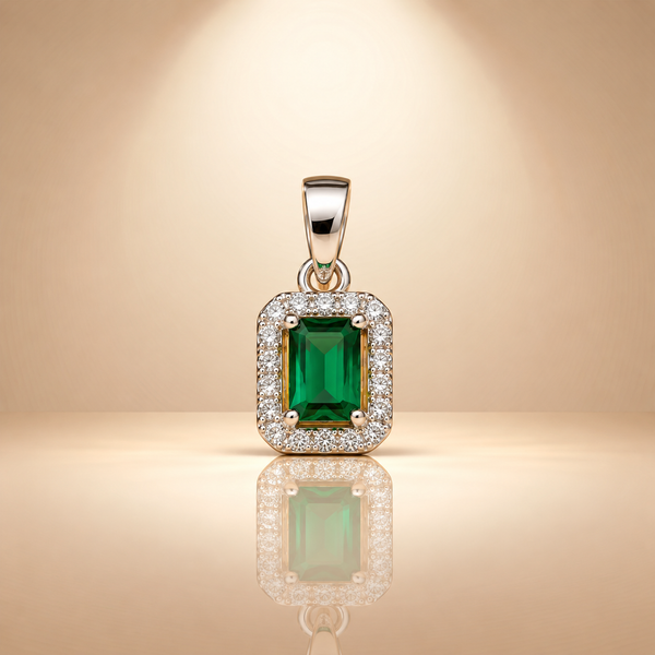 Green Emerald Cut Moissanite Halo Pendant