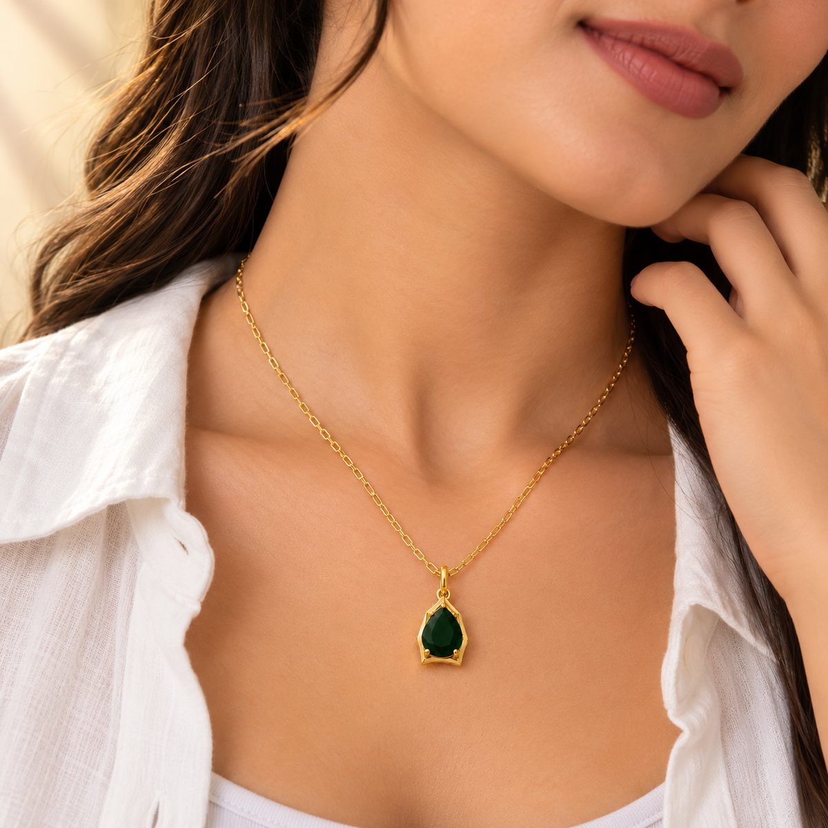 Teardrop Emerald Green Quartz Pendant Chain