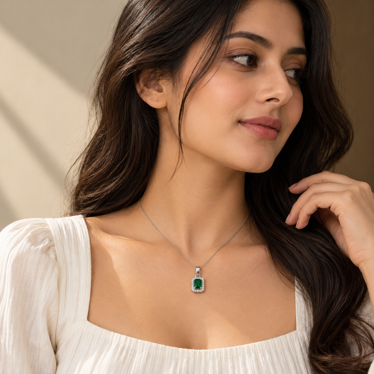 Green Emerald Cut Moissanite Halo Pendant
