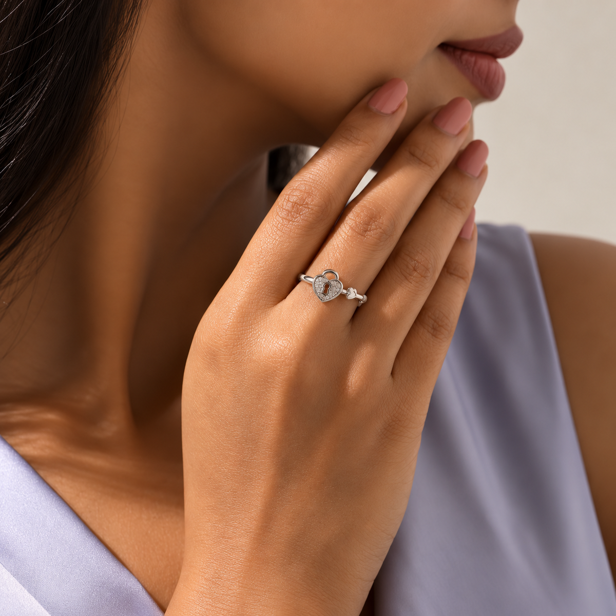 925 Silver Heart Lock Key Moissanite Ring