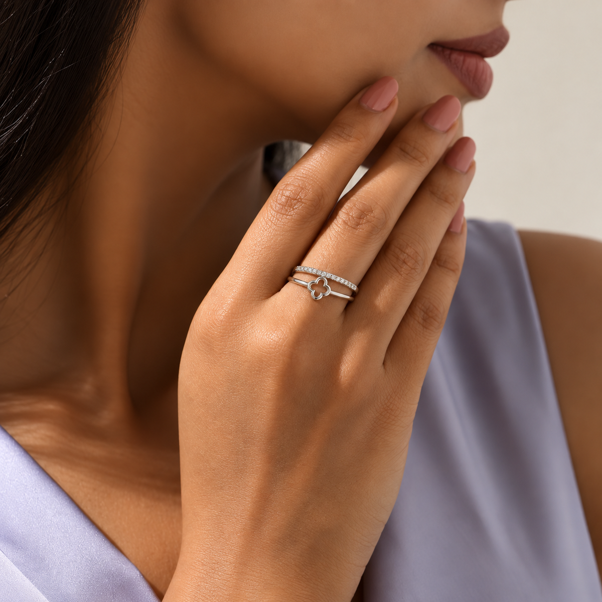 925 Silver Clover Moissanite Double Band Ring