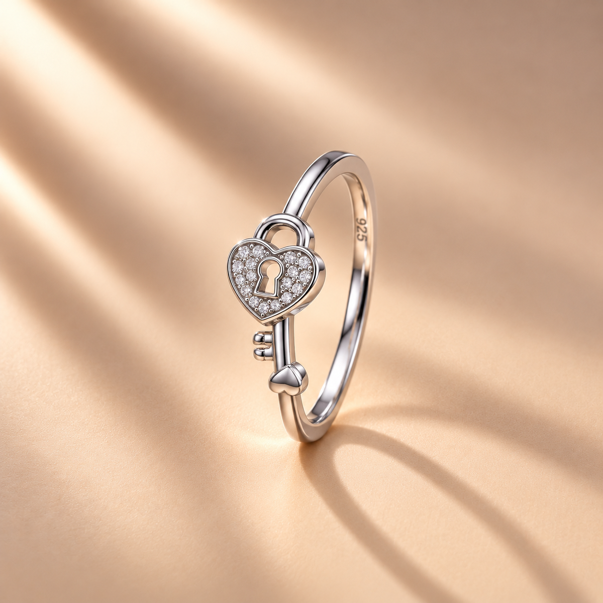 925 Silver Heart Lock Key Moissanite Ring