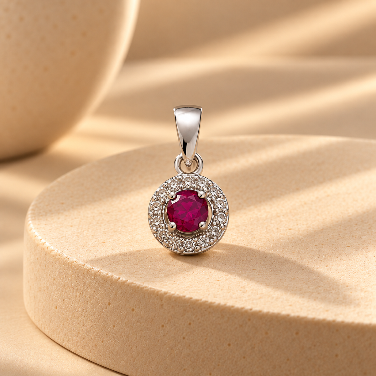Red Moissanite Halo Round Pendant
