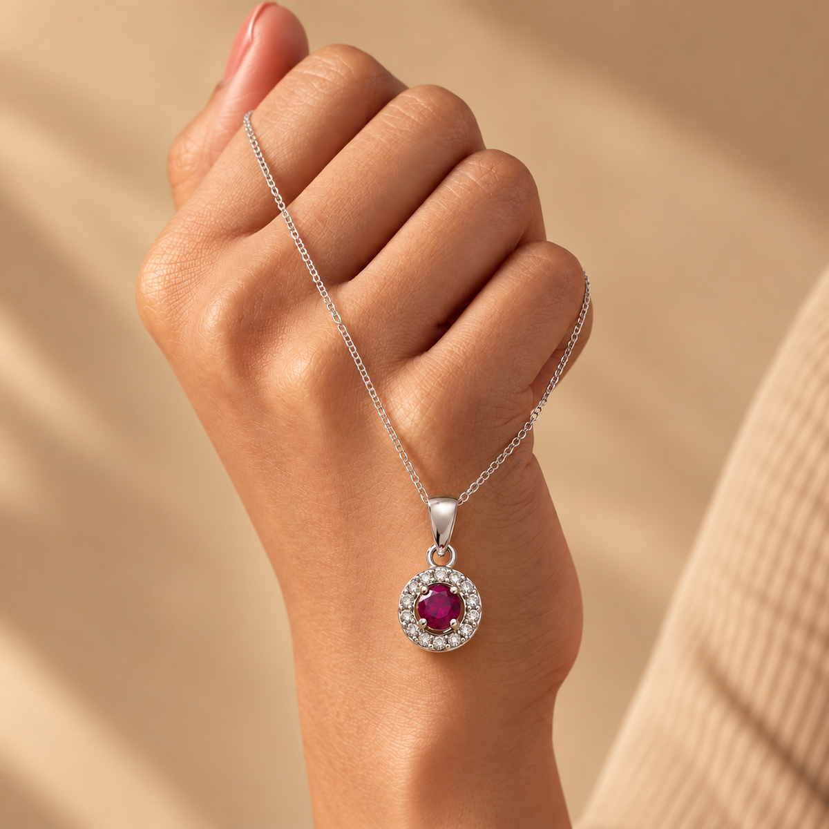 Red Moissanite Halo Round Pendant