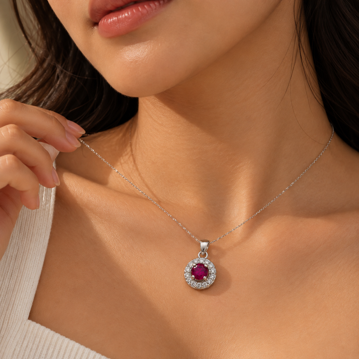 Red Moissanite Halo Round Pendant