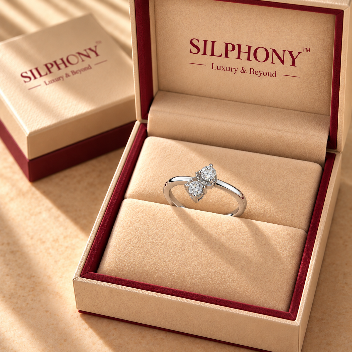 925 Silver Twin Heart Moissanite Ring