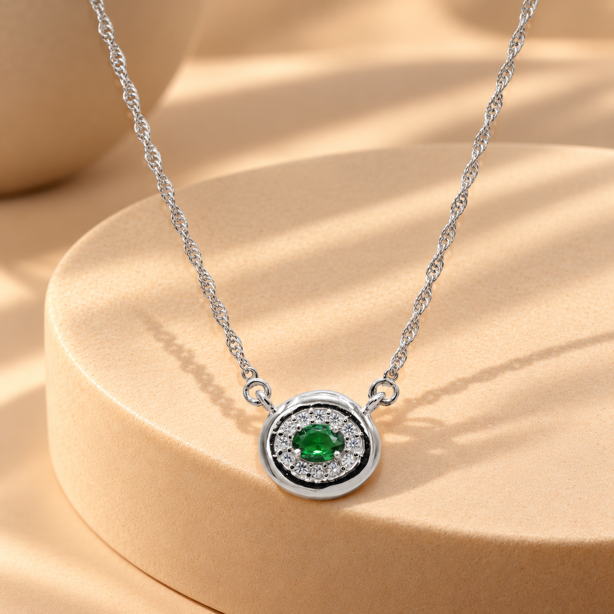 Green Oval Halo Moissanite Pendant Chain