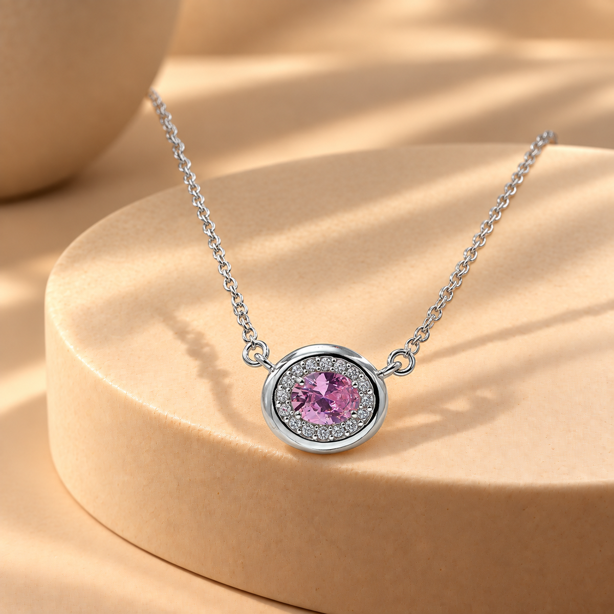 925 Silver Pink Quartz Moissanite Pendant with Chain for Women