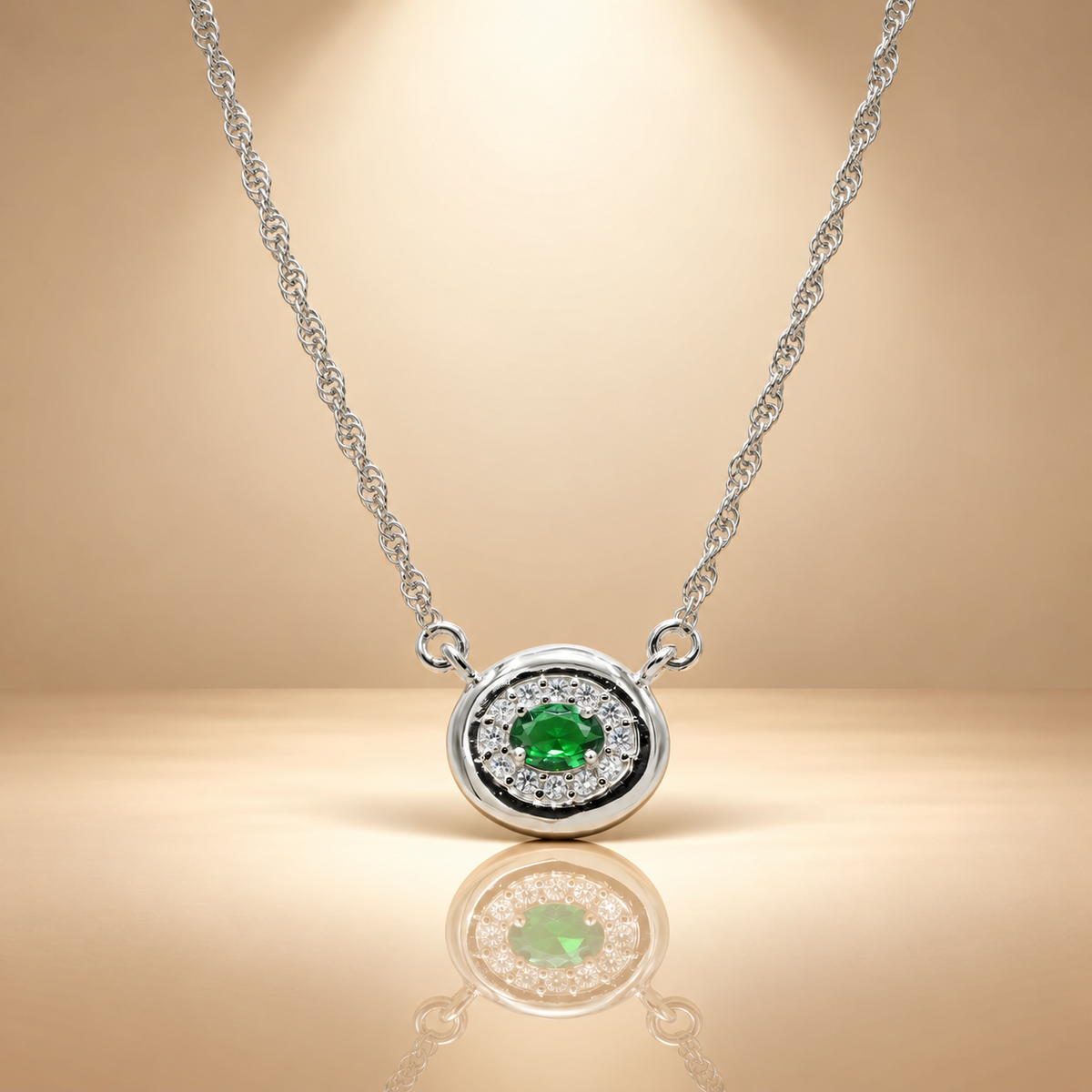 Green Oval Halo Moissanite Pendant Chain