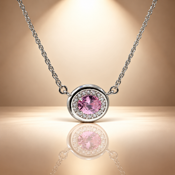 925 Silver Pink Quartz Moissanite Pendant with Chain for Women